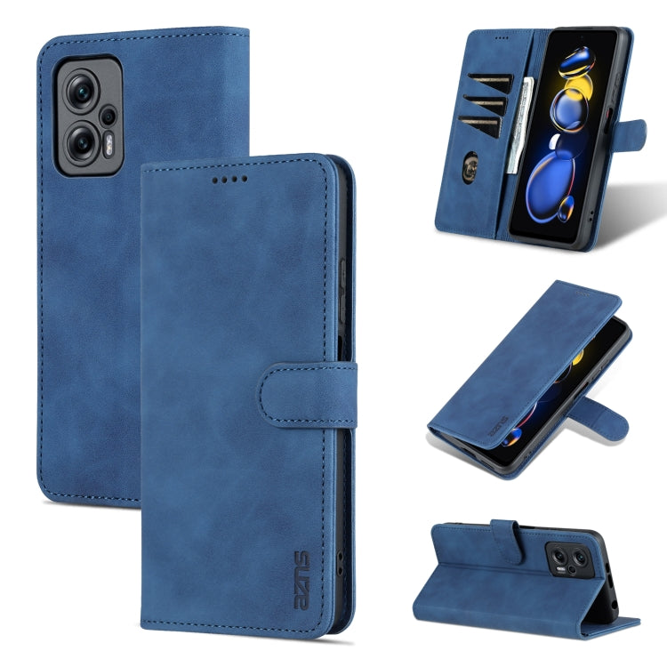Blue leather flip phone case with card slots and stand, flip cover closed and open views