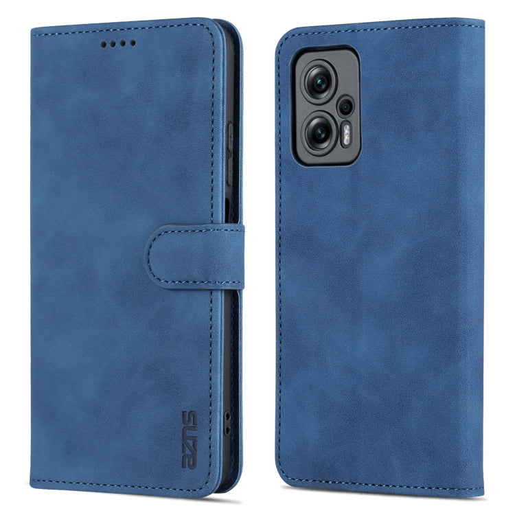 Blue leather flip phone case with side card holder and stitched magnetic flap detail