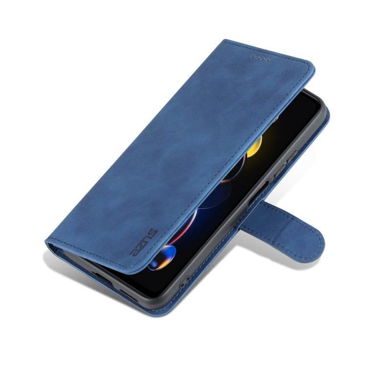 Blue leather flip phone case with viewing stand, cover open and phone face visible