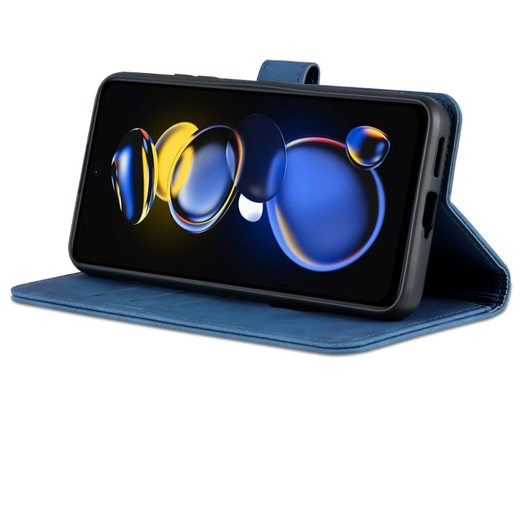 Blue leather flip phone case with stand showing the front of the phone inside