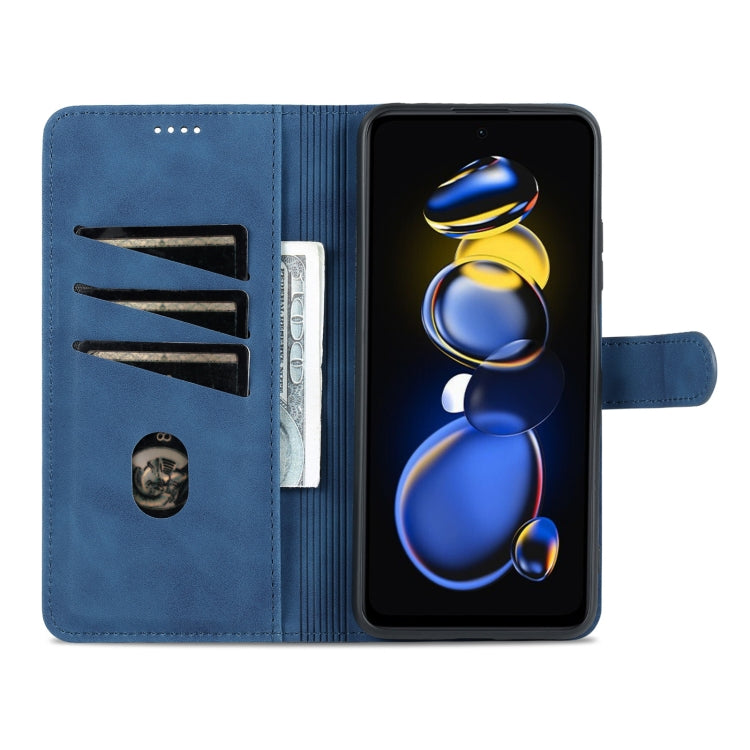 Blue leather flip phone case open to show internal card slots and wallet pocket