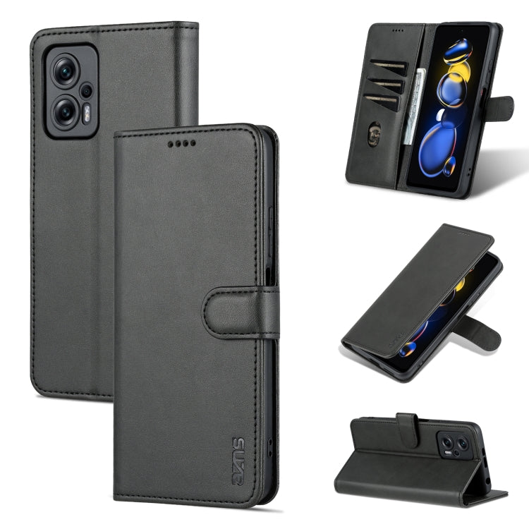 Black leather flip phone case with card slots and stand, flip cover closed and open views