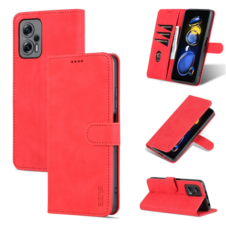 Red leather flip phone case with card slots and stand, cover closed and open views