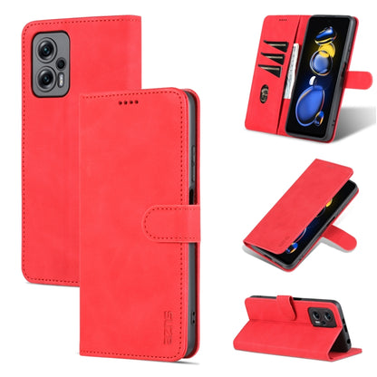 Red leather flip phone case with card slots and stand, cover closed and open views