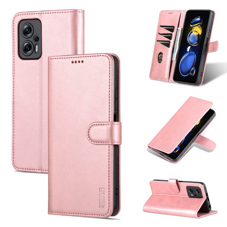 Rose gold leather flip phone case with card slots and stand, cover closed and open views