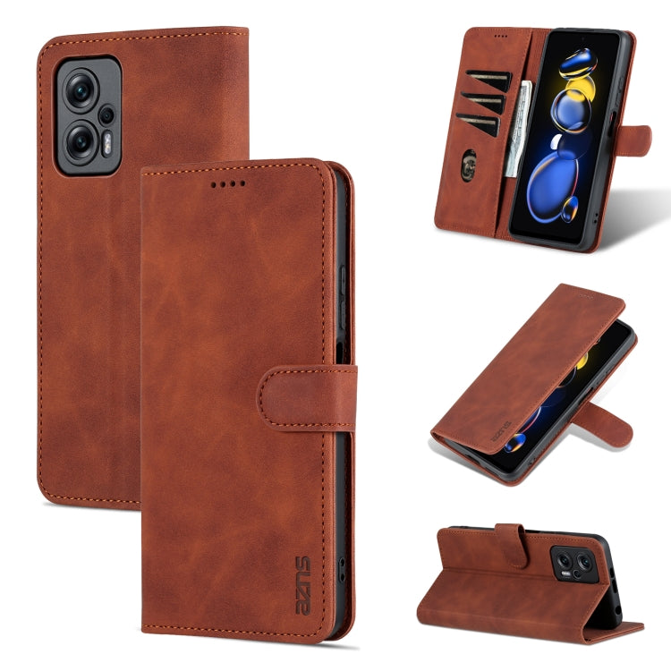 Brown flip leather phone case with folio cover and stand, stitched edges, cutout camera area