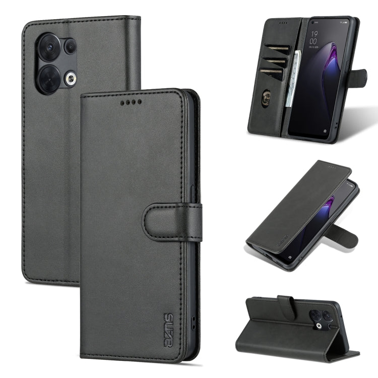 Black flip leather phone case with folio cover and stand, stitched details, camera cutout