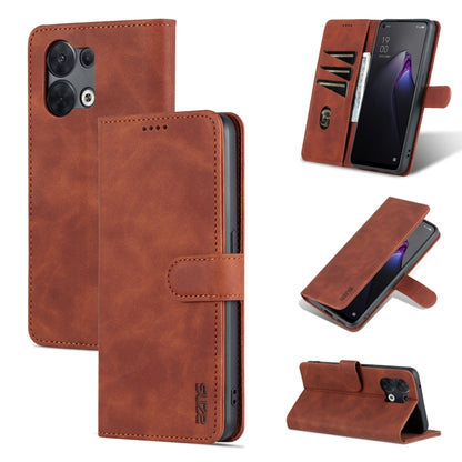 Brown flip leather phone case shown front and open with stand, stitched folio, camera cutout