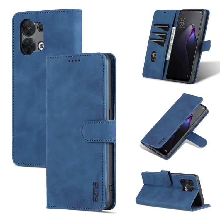 Blue flip leather phone case shown open with stand, stitched folio, camera cutout