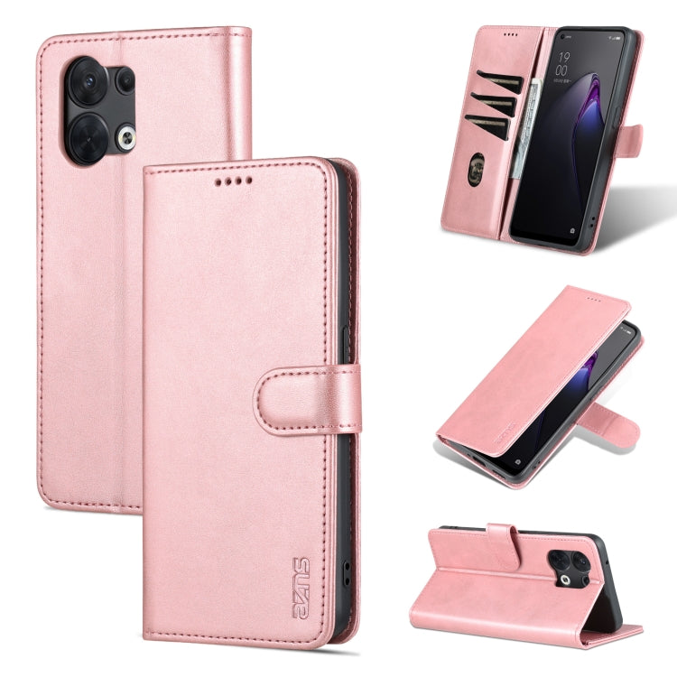 Rose gold flip leather phone case shown open with stand, stitched folio, camera cutout