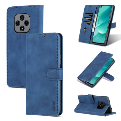 Blue calf-texture flip leather phone case with stitched edges, stand, and camera cutout