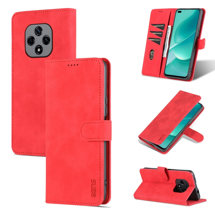 Red calf-texture flip leather phone case with stitched edges, stand, and camera cutout