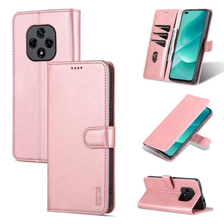 Rose gold calf-texture flip leather phone case with stitched edges, stand, and camera cutout