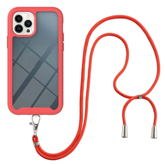 Red shockproof phone case with neck strap, gray back panel and diagonal grid pattern.