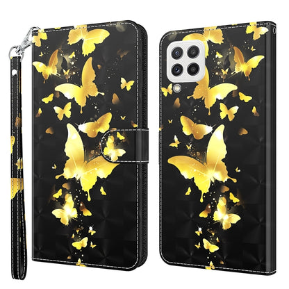 Black flip leather phone case with gold butterfly 3D pattern and wrist strap
