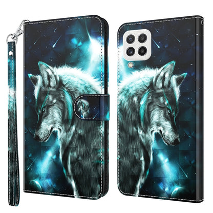 Black flip leather phone case with blue wolf 3D pattern and wrist strap