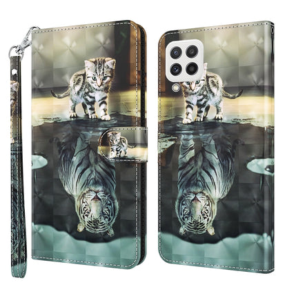 Black flip leather phone case with tabby cat 3D pattern and mirror reflection art