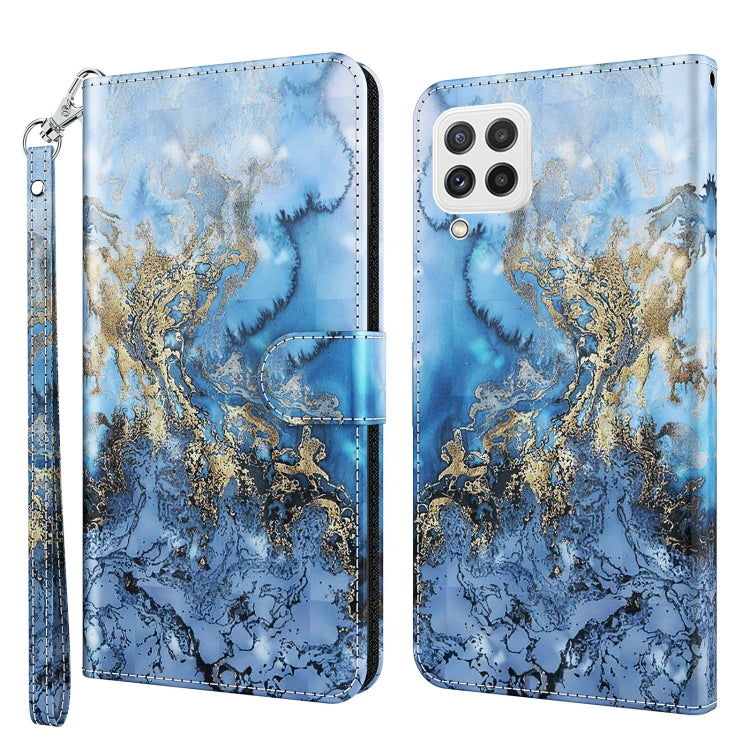 Blue flip leather phone case with gold watercolor swirl pattern and wrist strap
