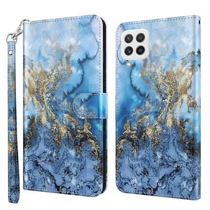 Blue flip leather phone case with gold watercolor swirl pattern and wrist strap