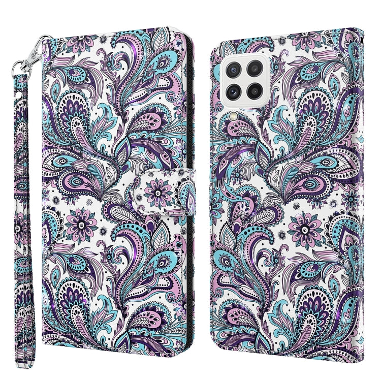 Flip leather phone case with purple and teal bird paisley pattern, plus wrist strap