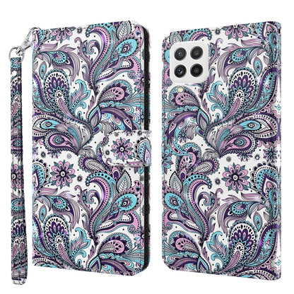 Flip leather phone case with purple and teal bird paisley pattern, plus wrist strap