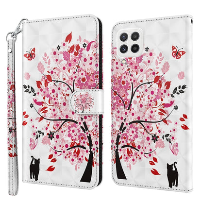 Flip leather phone case with red blossom tree and black cat silhouettes, plus wrist strap