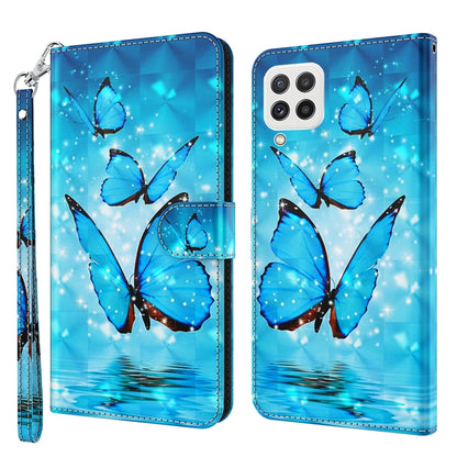 Flip leather phone case with blue butterfly and starry sky art, plus wrist strap