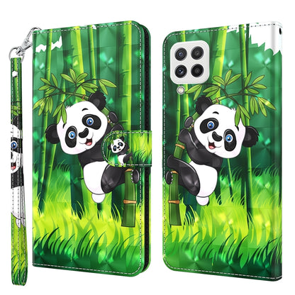 Flip leather phone case with green bamboo and panda illustration, plus wrist strap