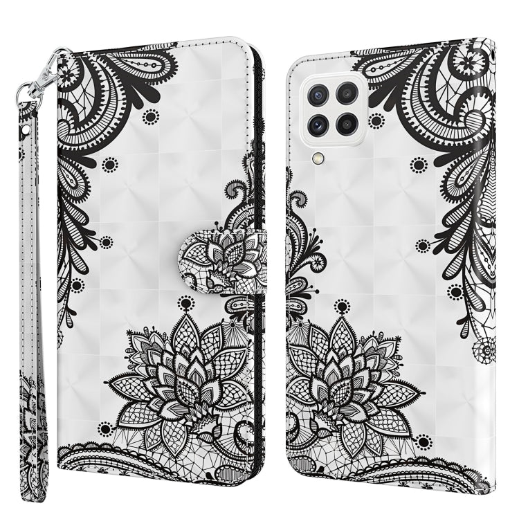 Flip leather phone case with black floral mandala line art on white, plus wrist strap