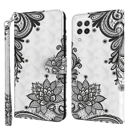 Flip leather phone case with black floral mandala line art on white, plus wrist strap