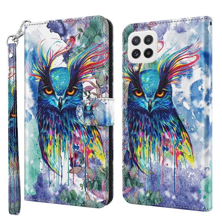 Flip leather phone case with colorful owl watercolor splatter, plus wrist strap