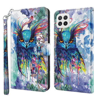Flip leather phone case with colorful owl watercolor splatter, plus wrist strap