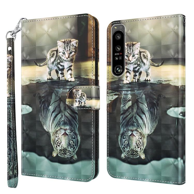 Flip leather phone case with tabby cat artwork and reflective mirror pattern, plus wrist strap