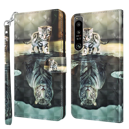 Flip leather phone case with tabby cat artwork and reflective mirror pattern, plus wrist strap