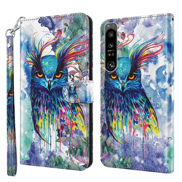 Blue watercolor owl flip phone case with multicolor paint splashes and wrist strap