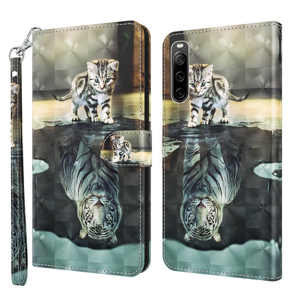 Flip leather phone case with tabby kitten cat artwork and mirrored reflection, plus wrist strap