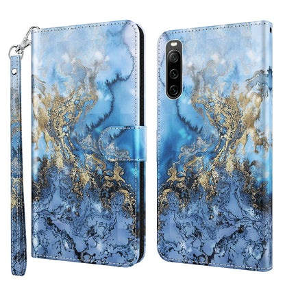 Blue and gold marbled flip phone case with clasp and wrist strap