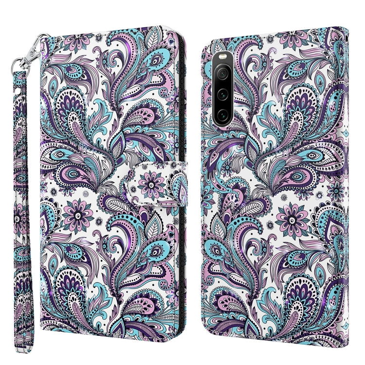 Leather flip phone case with paisley butterfly pattern and wrist strap, purple and teal