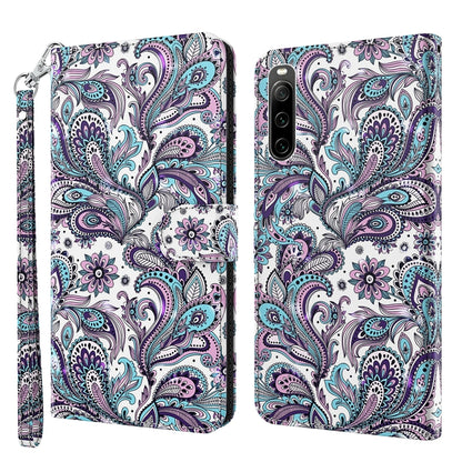 Leather flip phone case with paisley butterfly pattern and wrist strap, purple and teal
