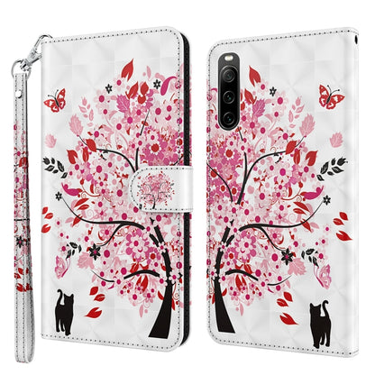 Leather flip phone case with red blossom and tree scene, cats silhouette