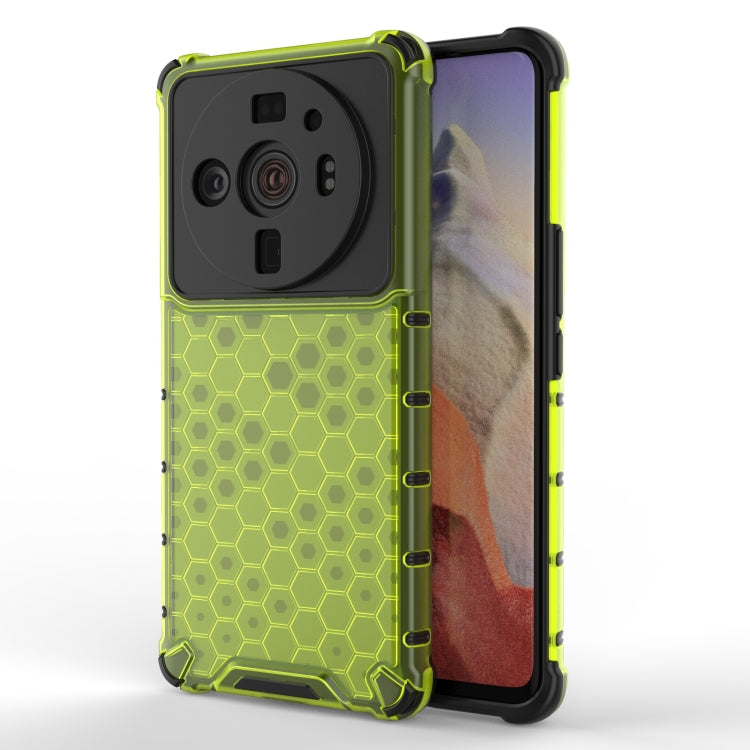 Shockproof honeycomb phone case with TPU bumper, neon green hex pattern and black camera