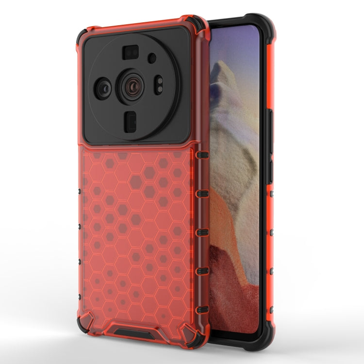 Shockproof honeycomb phone case with TPU bumper, red hex pattern and black camera cover