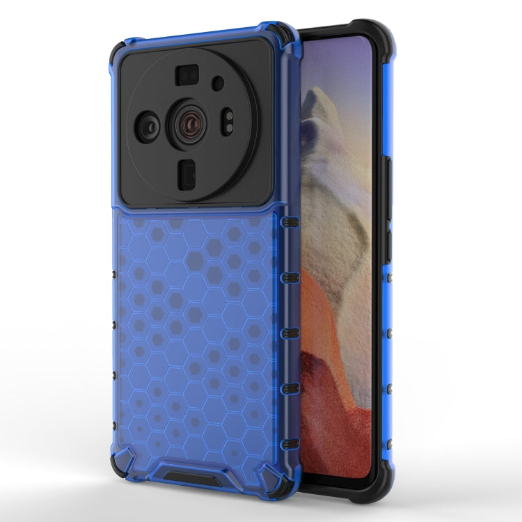 Shockproof honeycomb phone case with TPU bumper, blue hex pattern and black camera cover