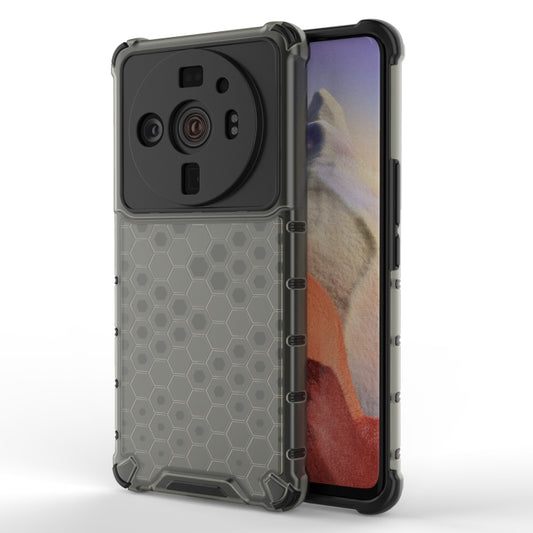 Shockproof honeycomb phone case with TPU bumper, gray hex pattern and black camera cover