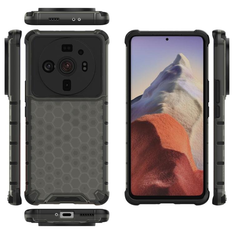 Shockproof honeycomb phone case set, black back with hex pattern and TPU bumper
