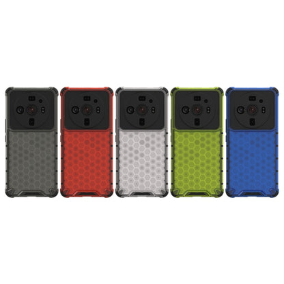 Shockproof honeycomb phone cases in multiple colors: gray, red, white, green, blue
