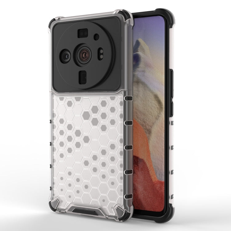 Shockproof honeycomb phone case with TPU bumper, clear gray hex pattern and black camera