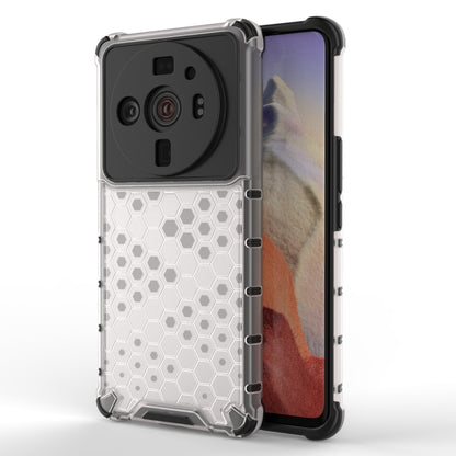 Shockproof honeycomb phone case with TPU bumper, clear gray hex pattern and black camera