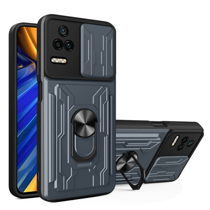 Grey sliding card phone case with armor design and built-in ring stand