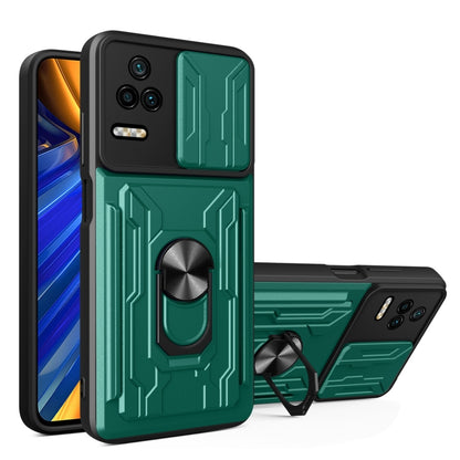 Green sliding card phone case with armor design and built-in ring stand